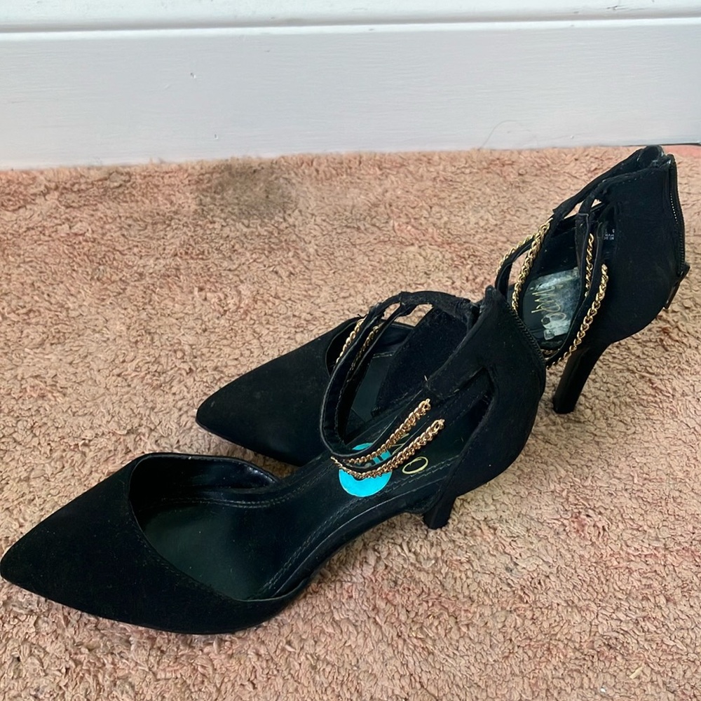 Impo Black Heels with Gold Chain Accent